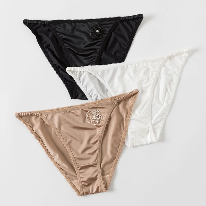 InjPanties-Culotte d'Été en Satin pour Femme, Sous-vêtement Sexy en Dentelle Ultra-mince, Basse, Transparente, Sans Couture, Fleurs de Perles 3D, Lingerie