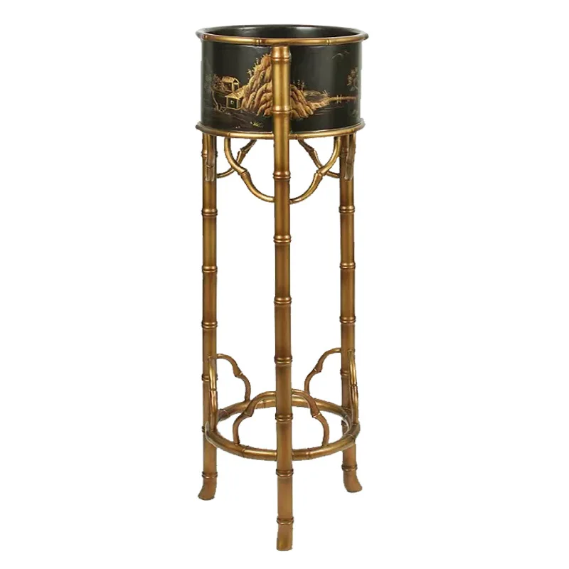 Beauty luxury high-end European retro solid wood gold-painted high long-legged flower pot shelf villa shelf floor rack