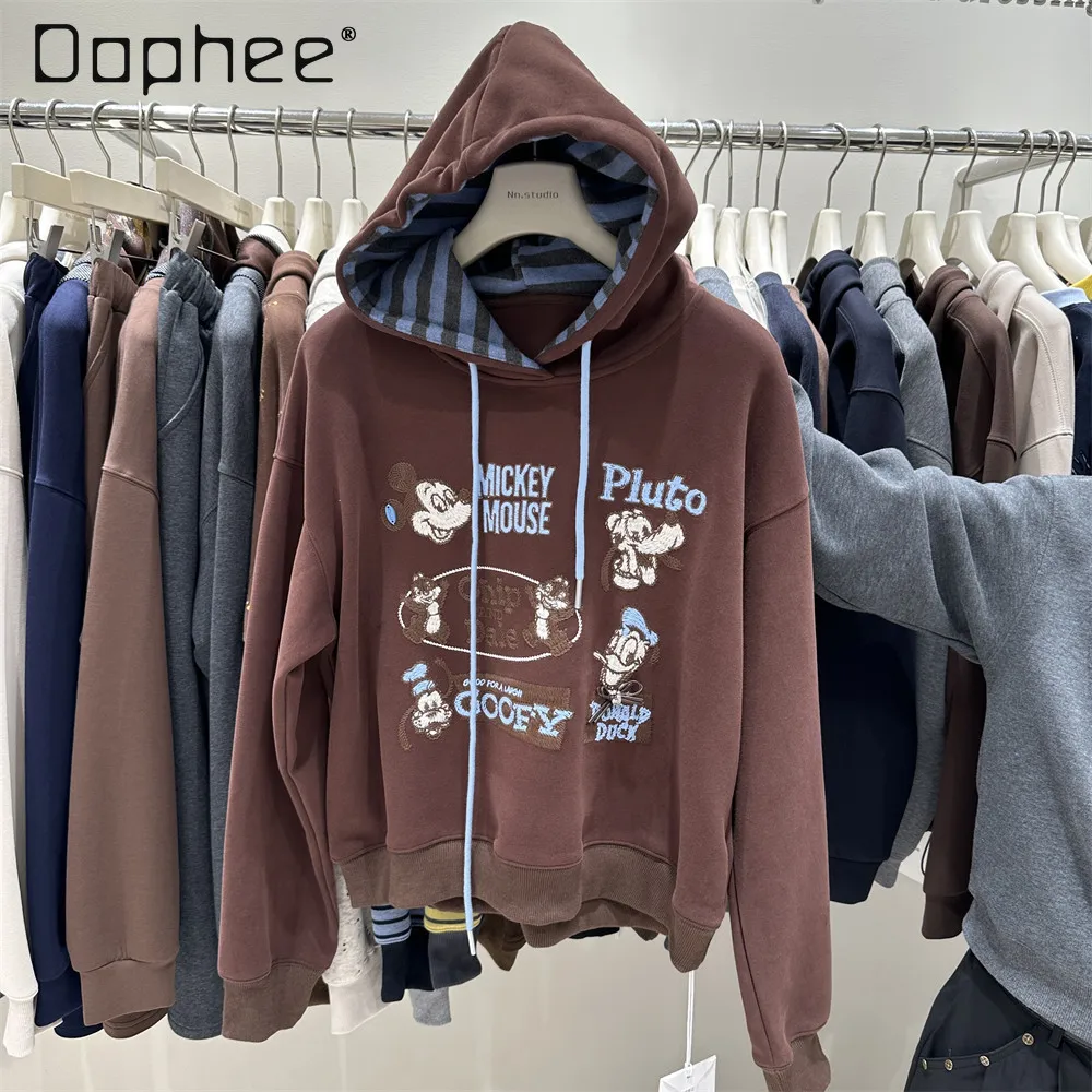 

Осень-зима новые женские короткие толстовки свободные европейский стиль тяжелая вышивка мультяшный дизайн толстовка с капюшоном уличная женская одежда