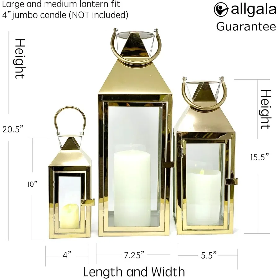 طقم فانوس مكون من 3 قطع مقاس 24 بوصة جامبو ديلوكس حديث للاستخدام الداخلي والخارجي مع إطار من الفولاذ المقاوم للصدأ ذهبي وزجاج مقسى #2