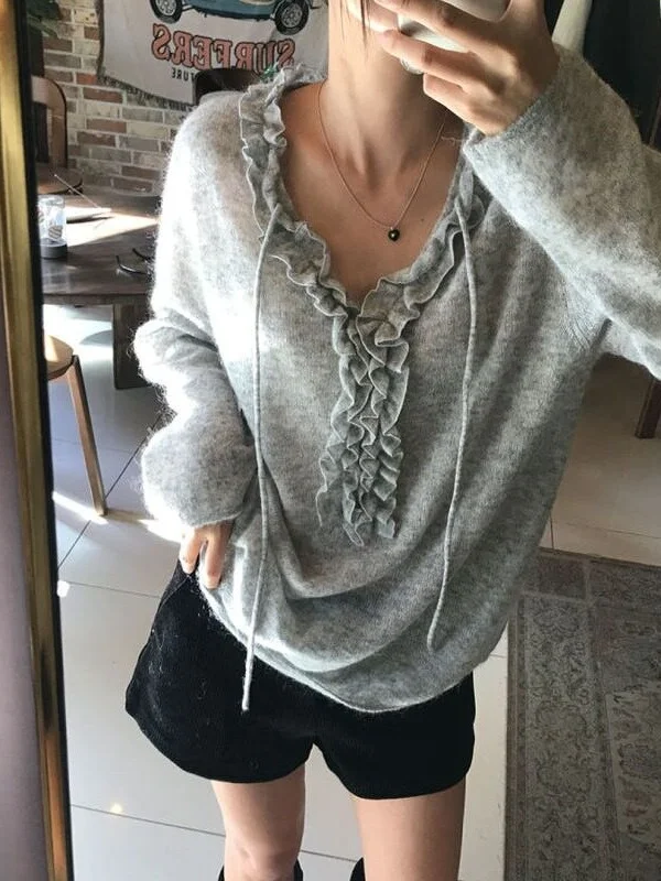 Long Sleeve Knitted Sweater Women's Overhead Splicing Flower Pattern Wood Grain  Slimming Effect Autumn Season Fashionable