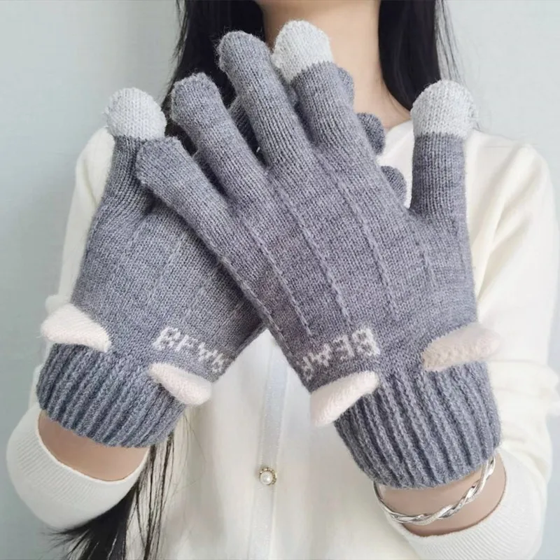 1 Pair Autumn Winter Thicken Warm Gloves Women Touch Screen Knitted Gloves Adult Imitation Cashmere Female Stretch Finger Mitten