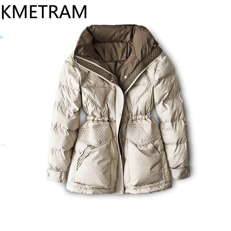 KMETRAM Winter White Duck Down Jacket Fashion New in Outerwears Cinched Waist Short Down Coat Clothes Women 2024 Пуховик Женский