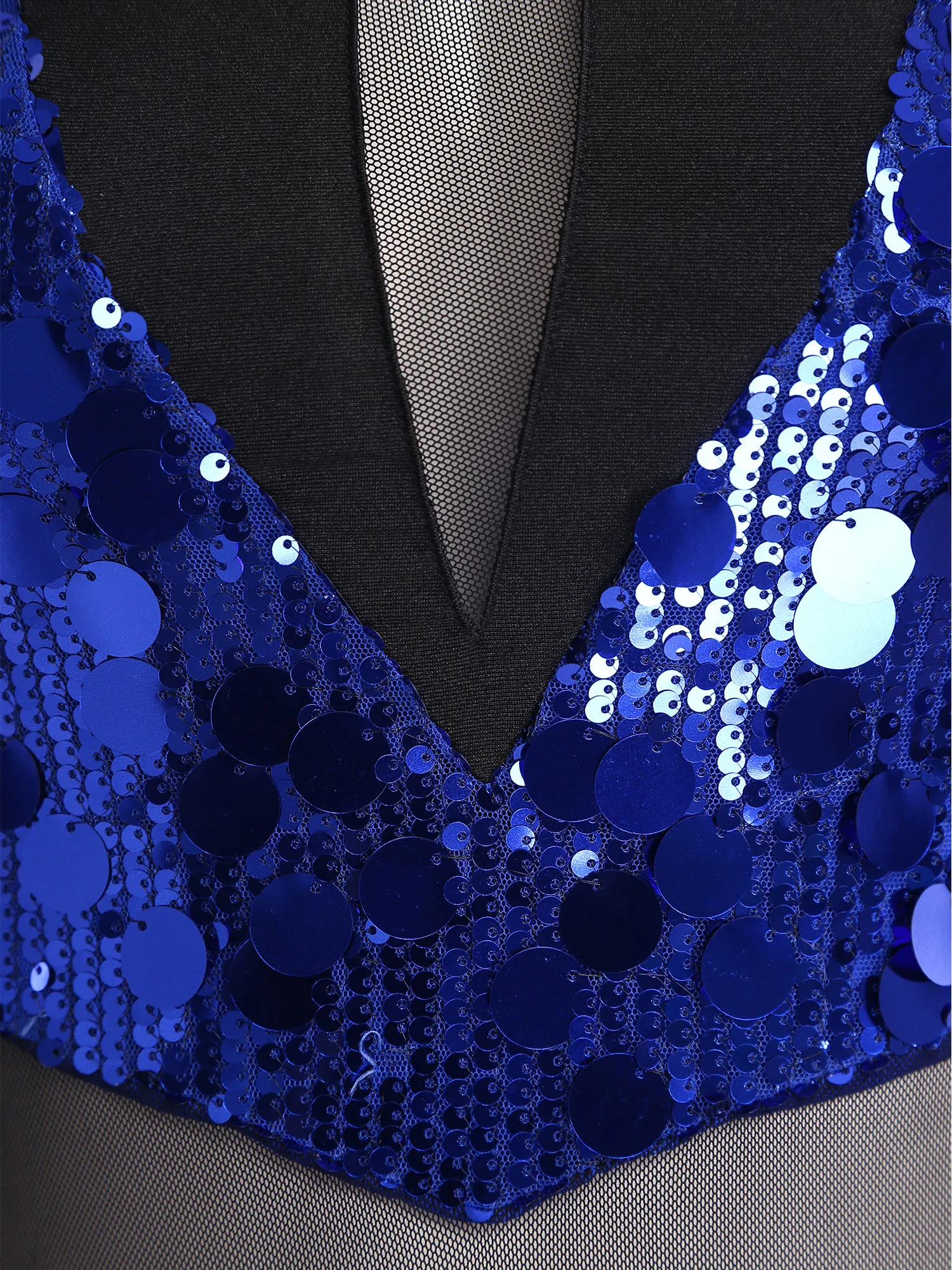 Women Jazz Latin Leotard Gymnastics Dance Performance Outfit Sleeveless Mesh Waist Cutout Sparkling Sequins Bodysuit with Gloves