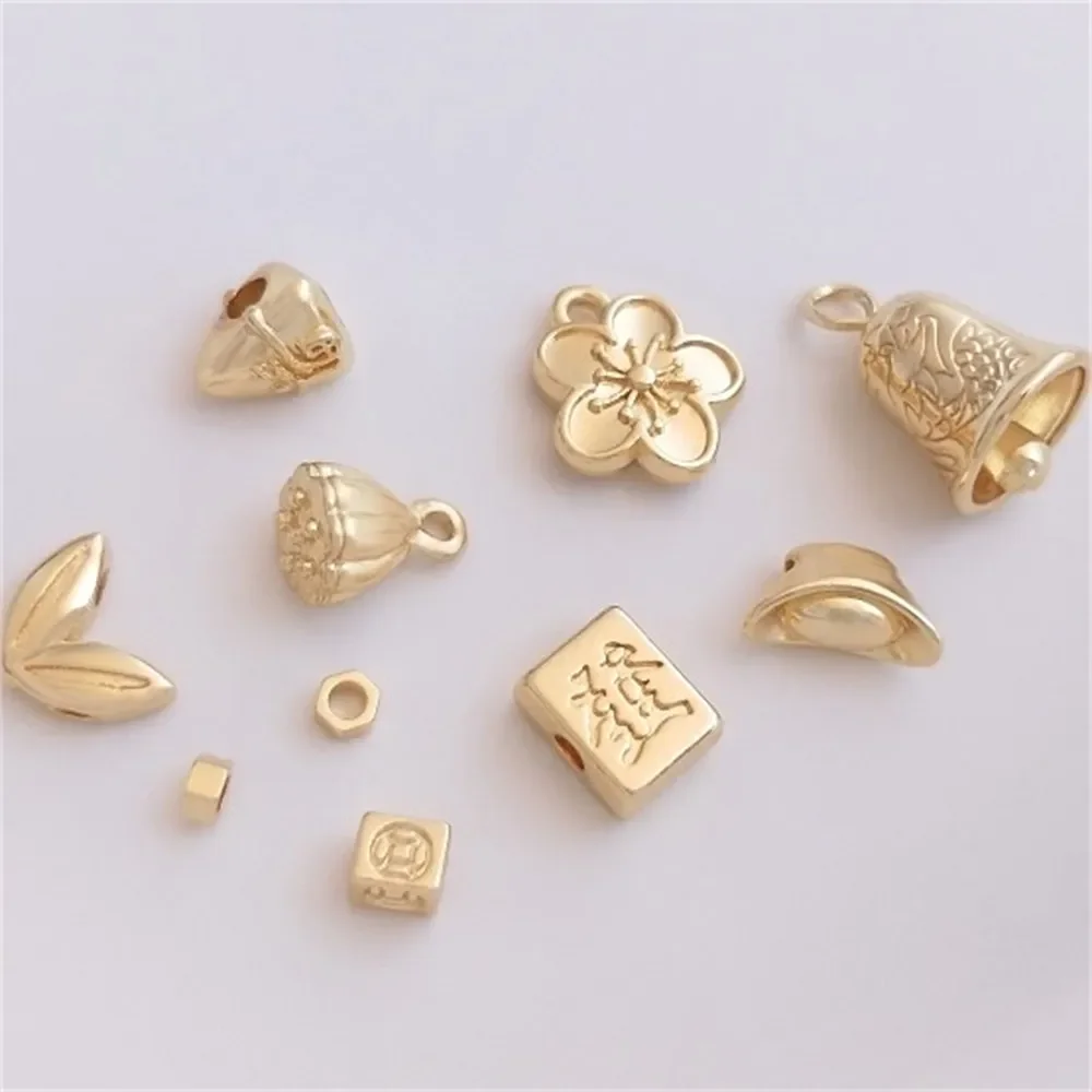 

14K Gold-coated Dumplings Gold Ingots Hexagonal Beads Small Lotus Cherry Bell Pendants Diy Charms Accessories K425