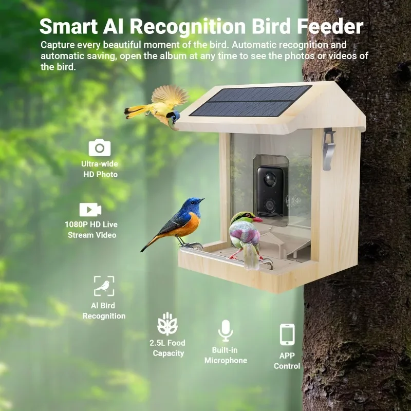 Intelligente Vogelfutterstation, Käfigbox aus Holz, eichhörnchensicher, Wasser außen, 180-Fenster, Metall, Holz, Kunststoff, mit Kamera, summender Vogelfutterstation