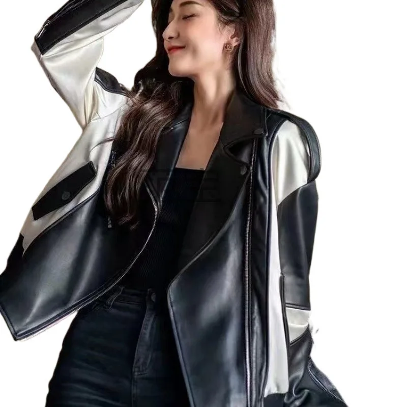 Leather Jacket Woman Black White Lapels Short Jacket Autumn Winter 2025 New Spliced Zipper Long Sleeves Coat Casual Slimming Top