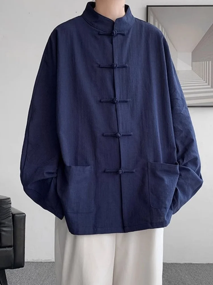 

Ретро-куртка большого размера из хлопка и льна для мужчин, весенне-осеннее пальто на пуговицах, традиционная китайская одежда Ханьфу