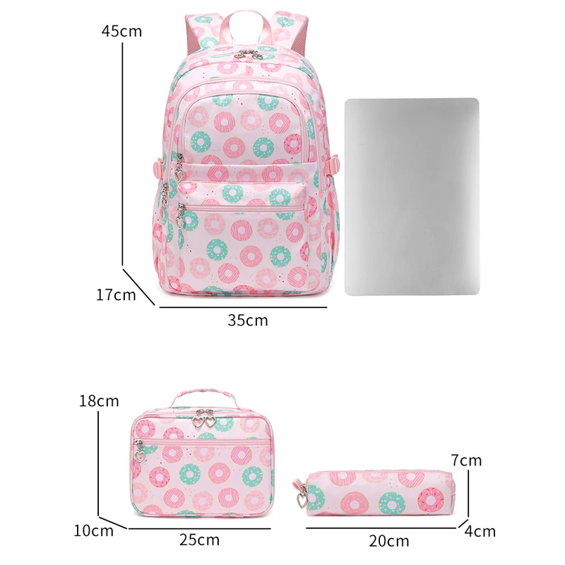 Mochilas escolares para meninas adolescentes, mochila impermeável para estudantes, mochila infantil com estojo de lápis, lancheira, 3 pcs por conjunto