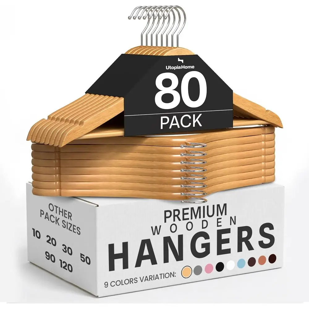 Paquete de 80 Perchas de Madera Premium - Perchas Delgadas y Duraderas para Trajes - Perchas de Madera con Gancho Giratorio de 360 Grados - Perchas de Madera con Soporte para Zapatos