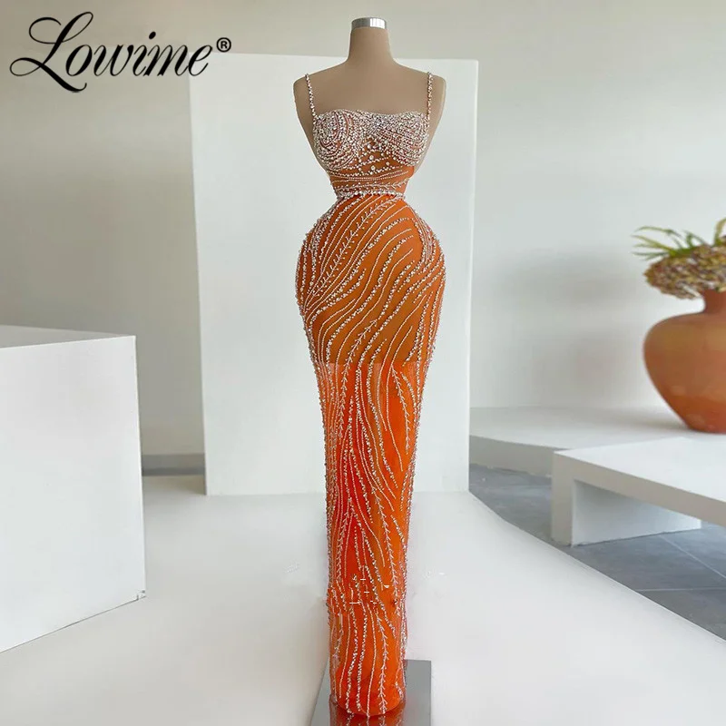 Lowime Orange Spaghetti Straps Long Mermaid Evening Dresses Beaded Rhinestones Ceremony Party Dress Pageant Gowns Customize 2022