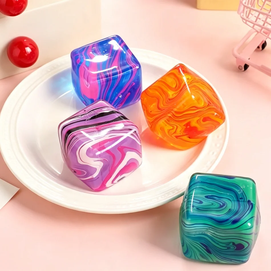 4Pcs Marble Swirl Cube Squishy Fidget Toy Soft Squeeze Stress Relief Sensory Toy Kids Party Bag Fillers Gift Set