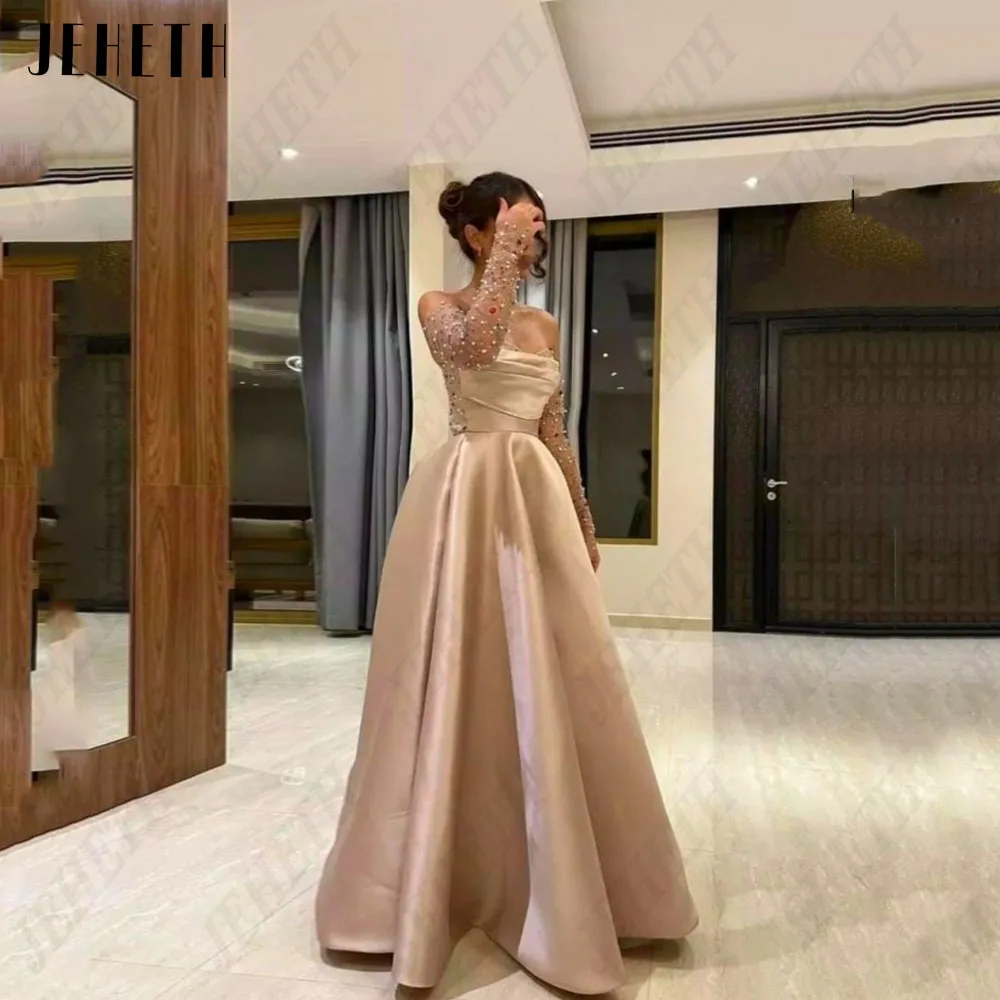 JEHETH Saudi Arabia Evening Dresses For Woman 2024 Long Sleeves A-Line Strapless Satin Beading Real Photo فساتين مناسبة رسمية