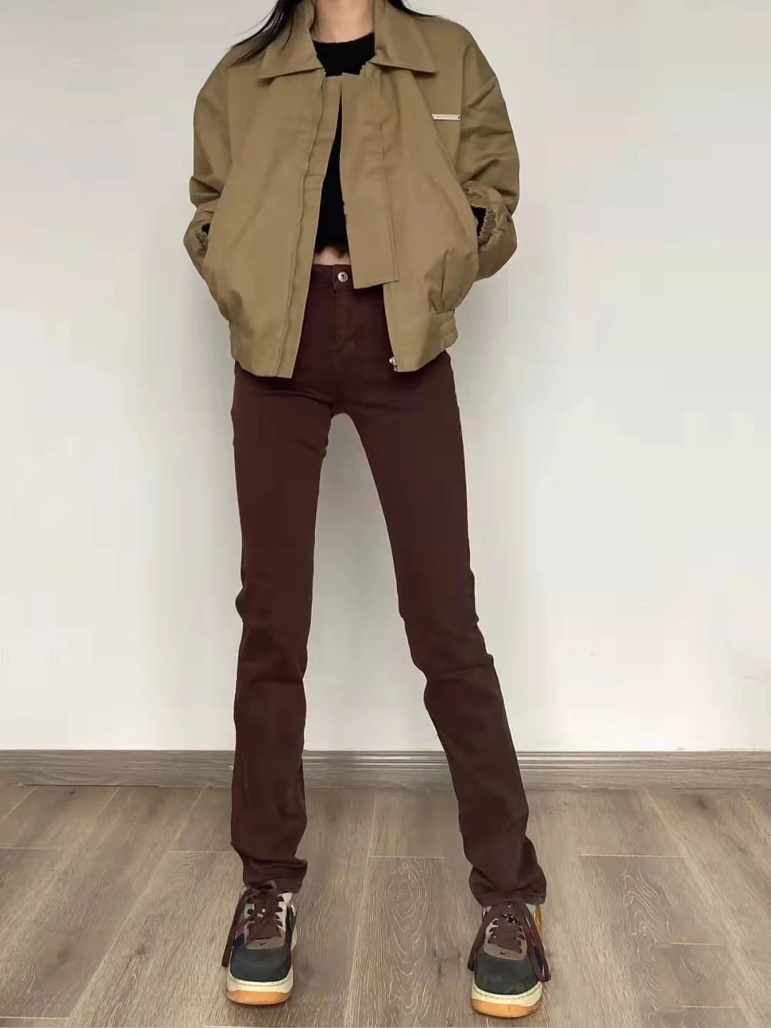 American Retro Brown Straight Leg Jeans Women's Autumn Winter Spring High Waist Extended Coffee Color Smoke Tube Floor-Length...