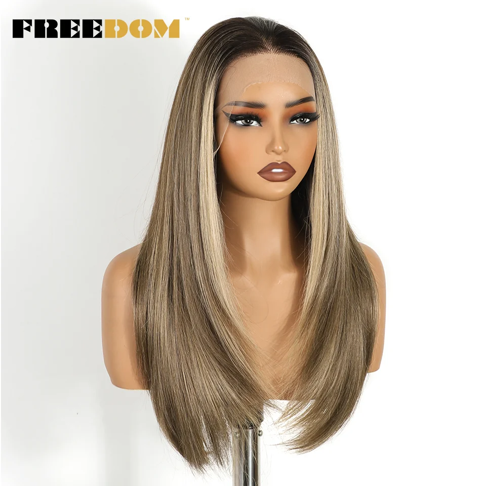 Synthetische Perücken mit Spitze vorne für Damen, 24 Zoll, Ombré-Braun-Aschblond, 13x6, gerade geschnittene, gestufte Perücke mit Spitze, hitzebeständig, für den täglichen Gebrauch. – Detail 4