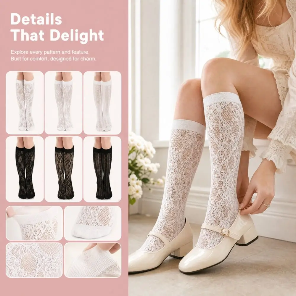 Princess Floral Printed Lace Knee High Socks Sweet Hollow Mesh Stockings Breathable Thin Lolita Socks Pair with Skirts