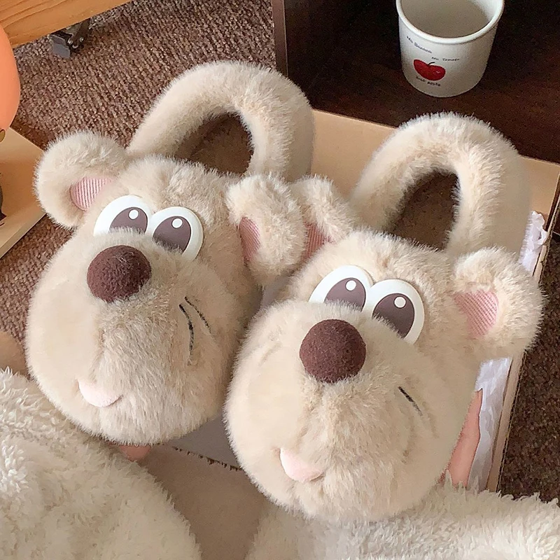 Cute Cartoon Mouse Fluffy Fur Slippers Women Winter Indoor Platform Thicken Plush Slippers Non Slip Soft Sole Warm Cotton Shoes
