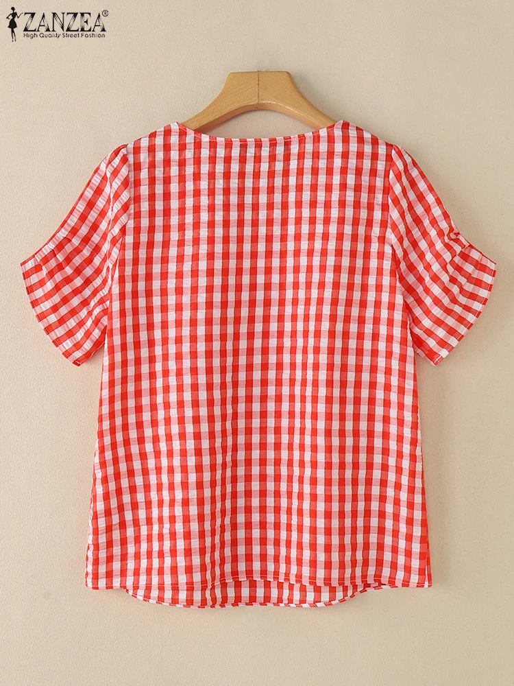 Femmes été Plaid Blouses à carreaux 2025 ZANZEA élégant col carré à manches courtes chemise de travail élégant vacances hauts femmes Blusas