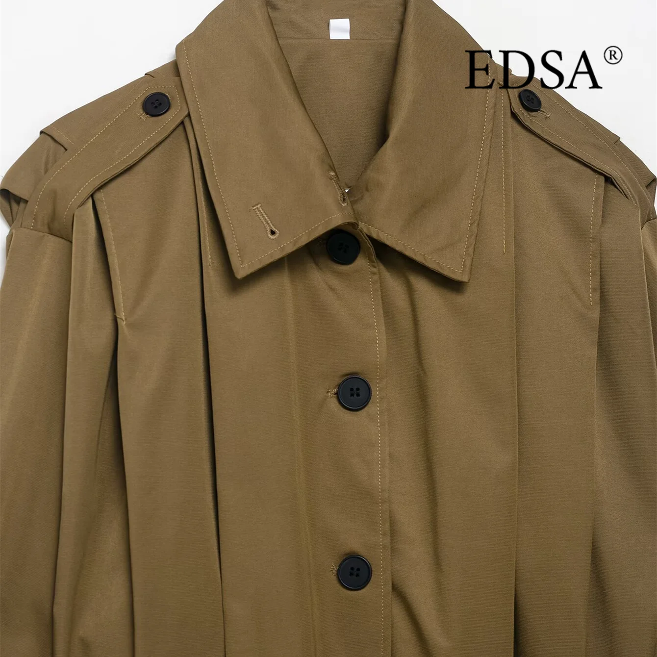 EDSA Women Pleated Jacket with Shoulder Pads Long SLeeves Turn-down Collar Single Breasted Spring Autumn Female Coat Outerwear