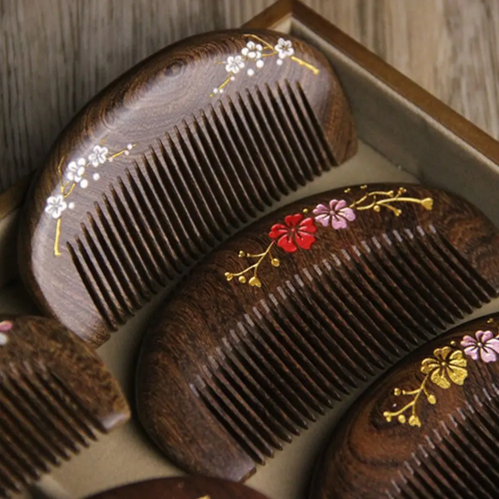 Pente de cabelo de sândalo dourado, pente de cabelo de sândalo rosa flor de ameixa ramos de ouro pentes de madeira engrossado cabeça massagem pente presente