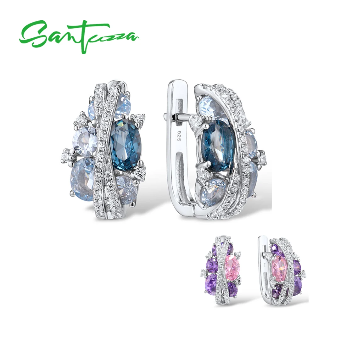 

SANTUZZA Genuine 925 Sterling Silver Earrings For Women Sparkling Blue Spinel Amethyst Pink Cubic Zirconia Trendy Fine Jewelry