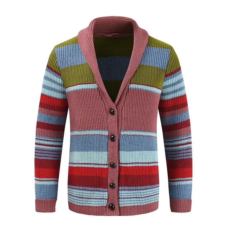 European and American luxury fashion men's sweater jacket, autumn and winter lapel color blocked knitted cardigan top jacket