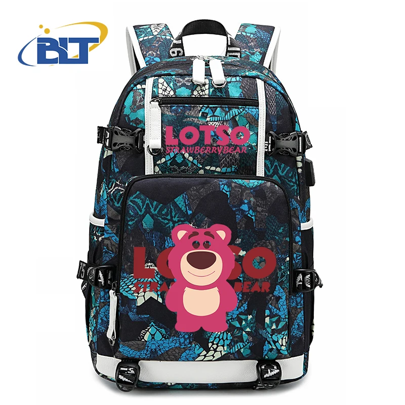 Mochila con estampado de oso lotso para jóvenes, Bolsa Escolar de oso de fresa, bolsa usb de gran capacidad, regalo para niños