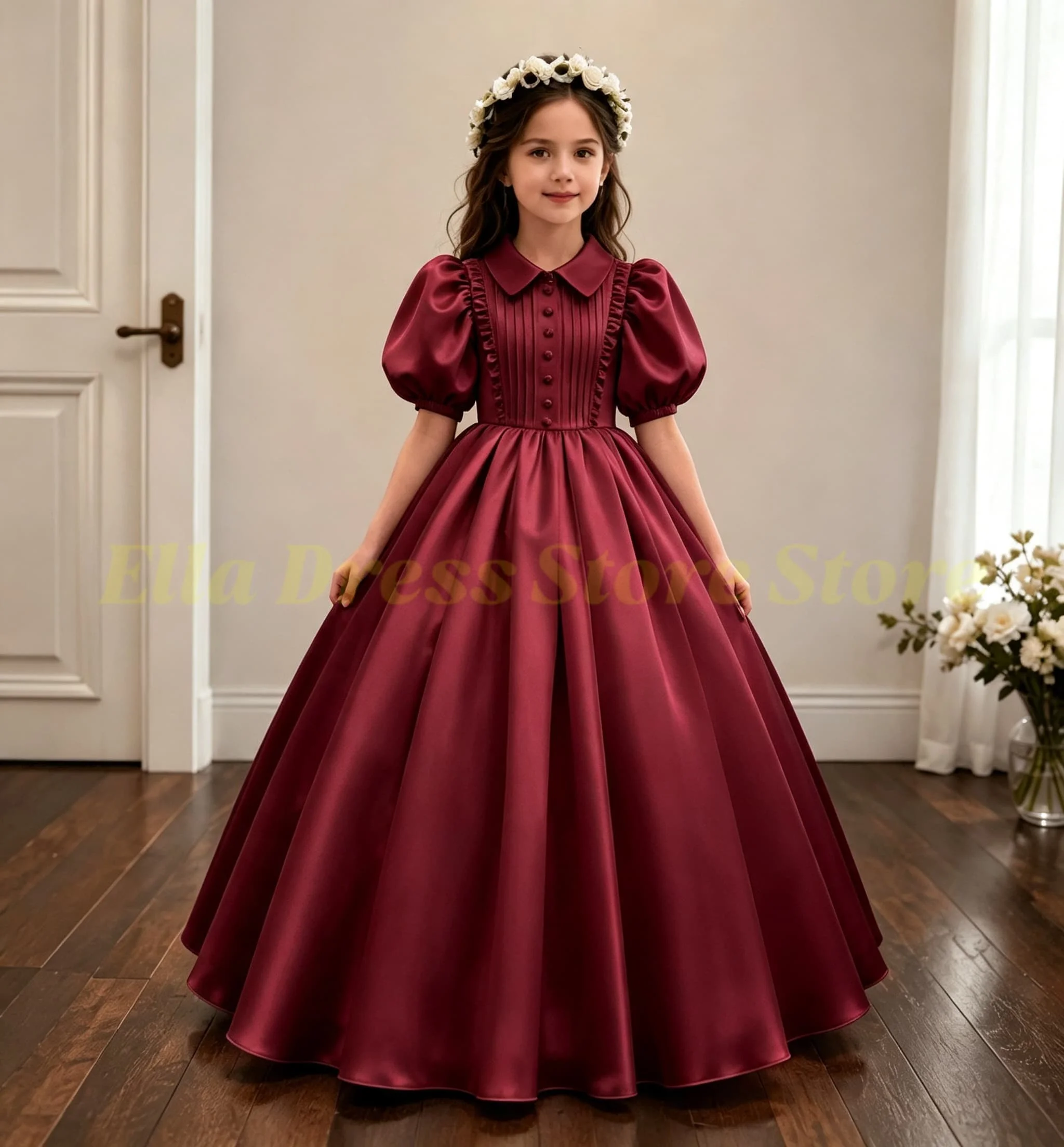 Blumenmädchenkleid für Hochzeitsfeier Kleinkinder Hochgeschlossenes Ballkleid mit Ballonärmeln Plissiertes Satin Erstkommunionkleid Maßanfertigung – Detail 3