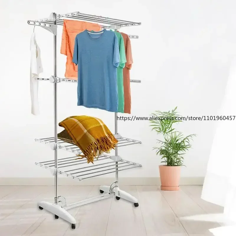 Stainless Steel Drying Rack Foldable Feet Four-layer Pulleys Movable Space-saving Household Clothes Storage Supplies