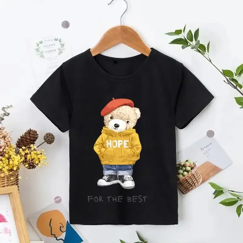 Cartoon Graphic Print T Shirt Teddy Bear Taking Your Photo T Shirt Fashion Casual Crew Neck Short Sleeve T Shirt Women