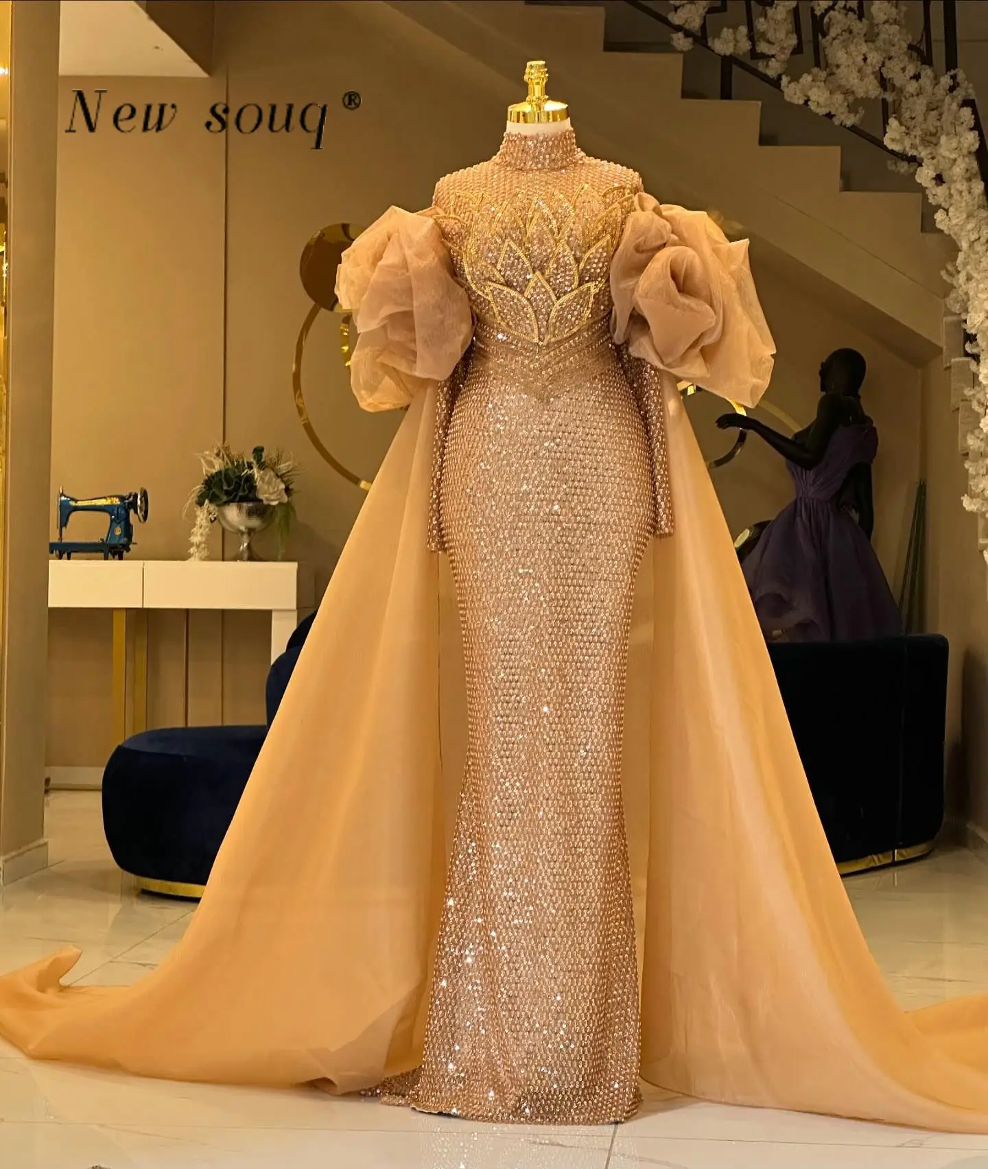 Dubai Champagne Long Sleeves High Neck Muslim Evening Dresses Customized Glitter Mermaid 3D Leaf Formal Party Gowns for Weddings