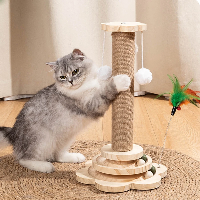 Pet Cat Toy Solid Wood Cat Turntable Funny Cat Stick Balls Durable Sisal Scratching Board Cat Supplies Cat Grab Column