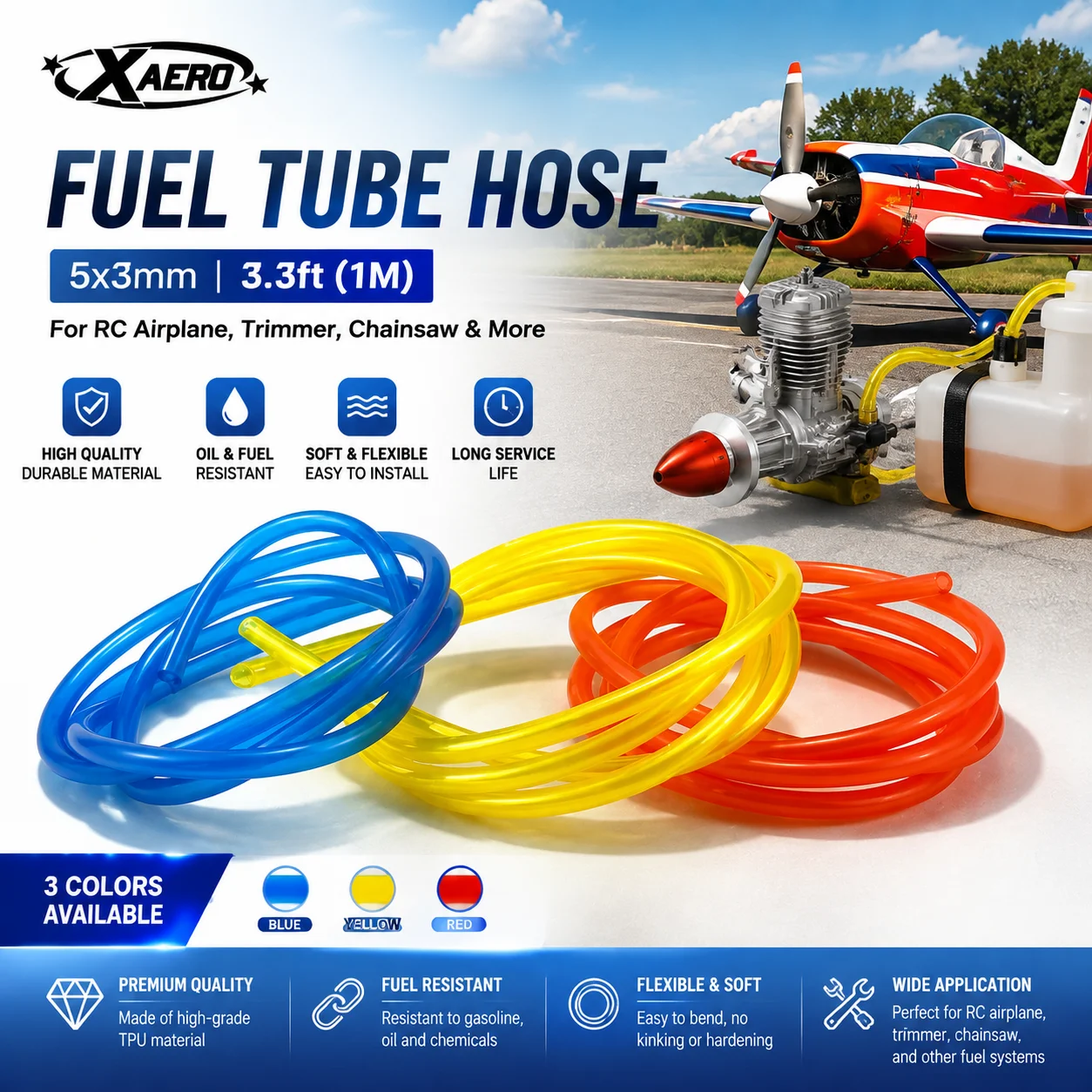 Xaero 3.3ft (1M) Fuel Tube Hose 5x3mm for RC Airplane, Trimmer, Chainsaw - Petrol Gas Line - Soft Yellow/Blue/Red (3 Colors)