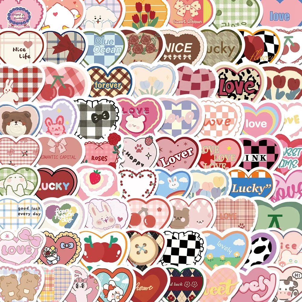 100PCS Cute Cartoon Love Heart Stickers Kawaii Candy Colors Stickers Scrapbooking Diary Stickers School Office Stationery