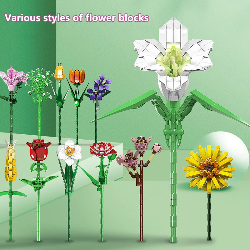 Creative Bouquet Building Blocks Camellia/Azalea/Rose/Daffodil/ Room Ornament Decoration Assembly Flower Model Bricks Girls Gift