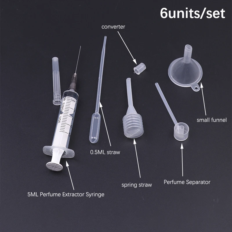 

6Pcs/Set Perfume Refill Tools Set Plastic Diffuser Syringe Straw Dropper Funnel Spray Dispensing Required Cosmetic Tools