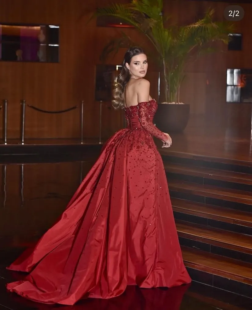 Vestidos de fiesta árabes con mangas, sobrefalda larga con cuentas, vestidos de fiesta fruncidos, adornos con hombros descubiertos, vestido Maxi hecho a medida