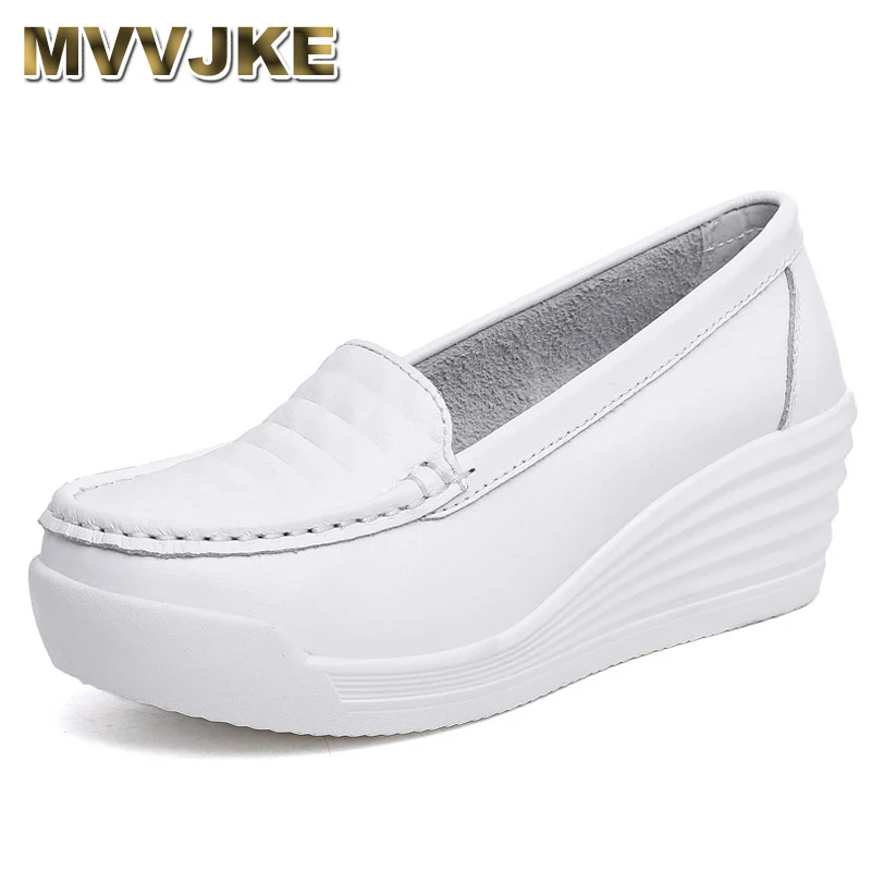 MVVJKE Women\'s Shoes Women Genuine Leather Sneakers Slip On Platform Wedges White Ladies Loafers Casual Flats Comfortable Nurse