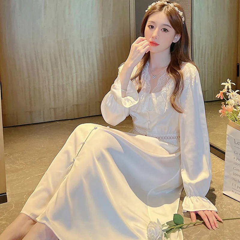 Palace Style Princess Nightdress Elegant Sexy Lace Long Nightgown Women\'s Sleepwear Spring Summer Satin Home Dress Lounge Wear