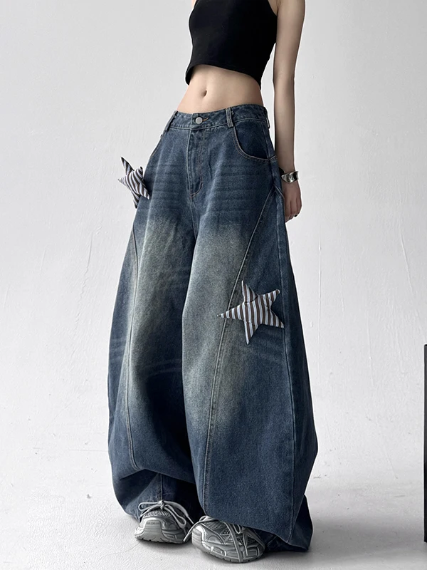 

Джинсы в стиле ретро-американский вейд, унисекс, летние, новая модель, с нашивками-звездами, прямые, свободного кроя