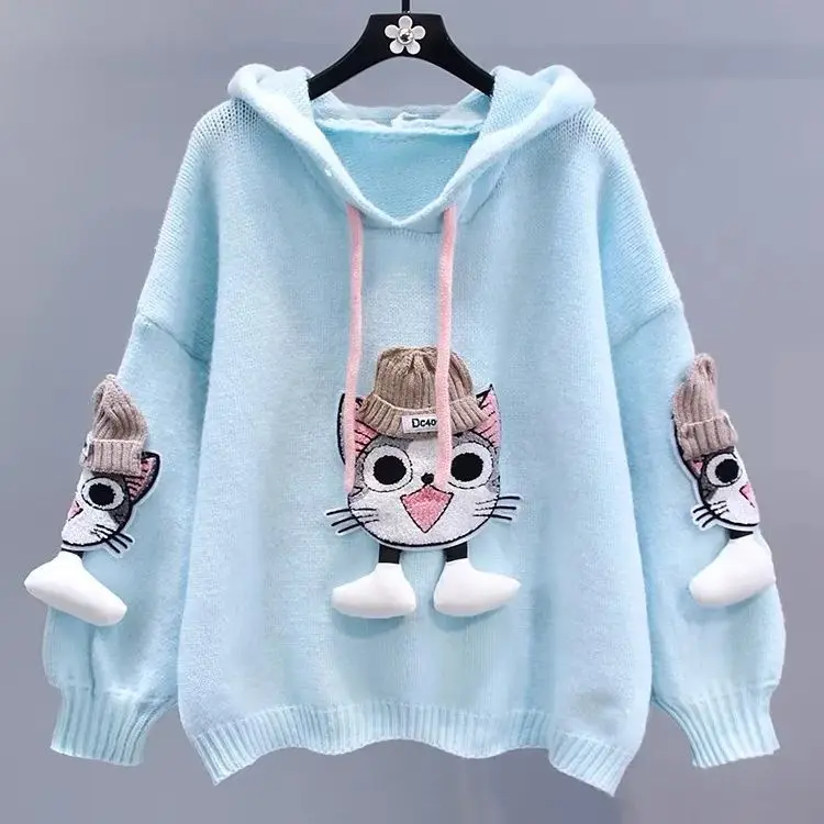 Hsa Cartoon Cat Hooded Sweater for Women Autumn and Winter Loose Outerwear Design Sweet Korean Style Knitted Coat