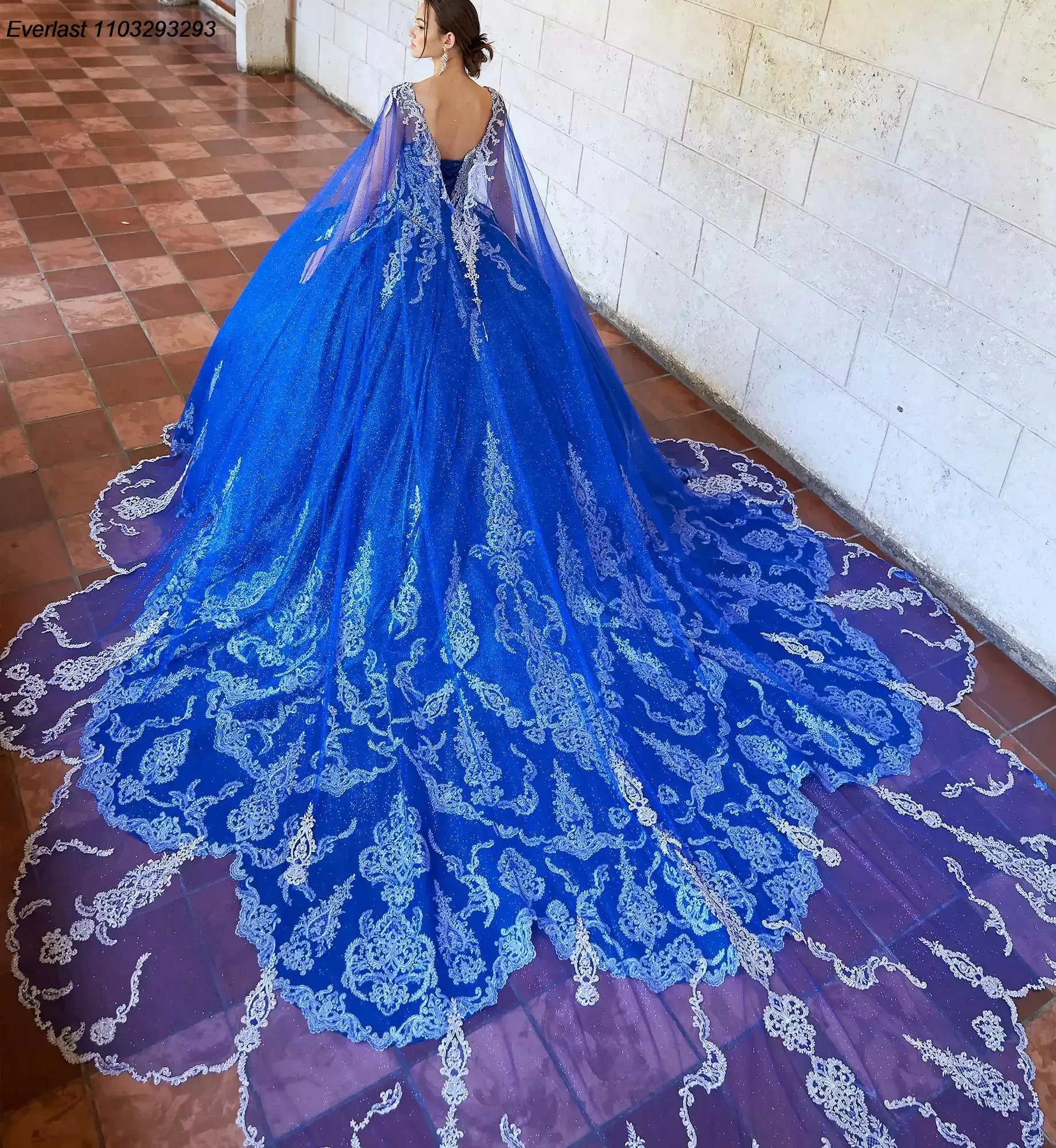 EVLAST Royal Blue Quinceanera Dress Ball Gown White Lace Applique Crystals Beaded With Cape Sweet 16 Vestido De 15 Anos TQD337