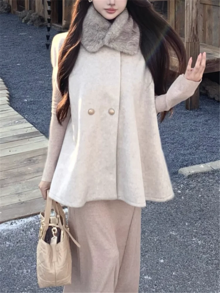 

Осень-зима 2-х предметных костюмов знаменитостей с длинным рукавом и v-образным вырезом, тонкое нижнее платье с воротником из искусственного меха, накидка, пальто, элегантные комплекты из 2 предметов