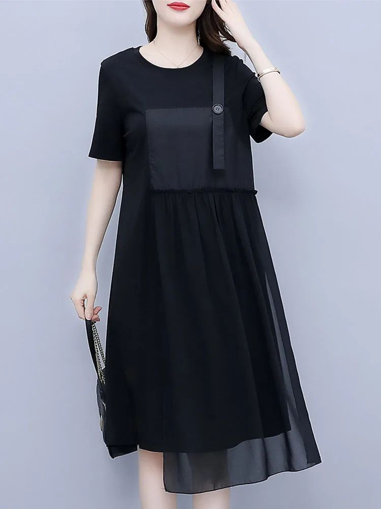 

Fashion Chiffon Patchwork Dress 2023 Summer New Large Size Women's Clothing Elegant Short Sleeves Dress bd762