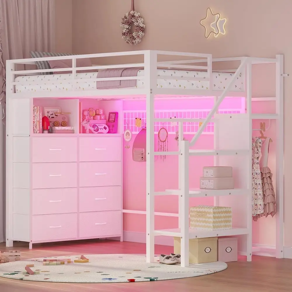 ADORNEVE Twin Size Lot Bed with Storage Stairs, 8 Ders, Metal Kids Lot Bed Twin with LED Lights, Power Outlet, Shelves and Wardr