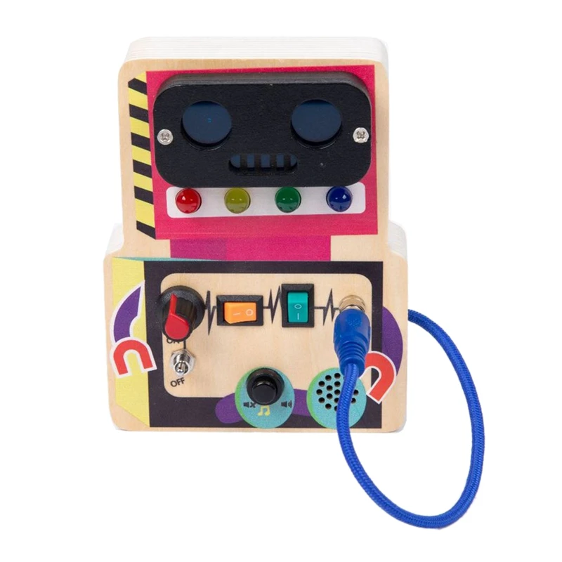 1 Piece Robot Children Busy Board Montessori Toys Wooden With LED Light Switch Control Sensory Educational Games For 2-4 Y