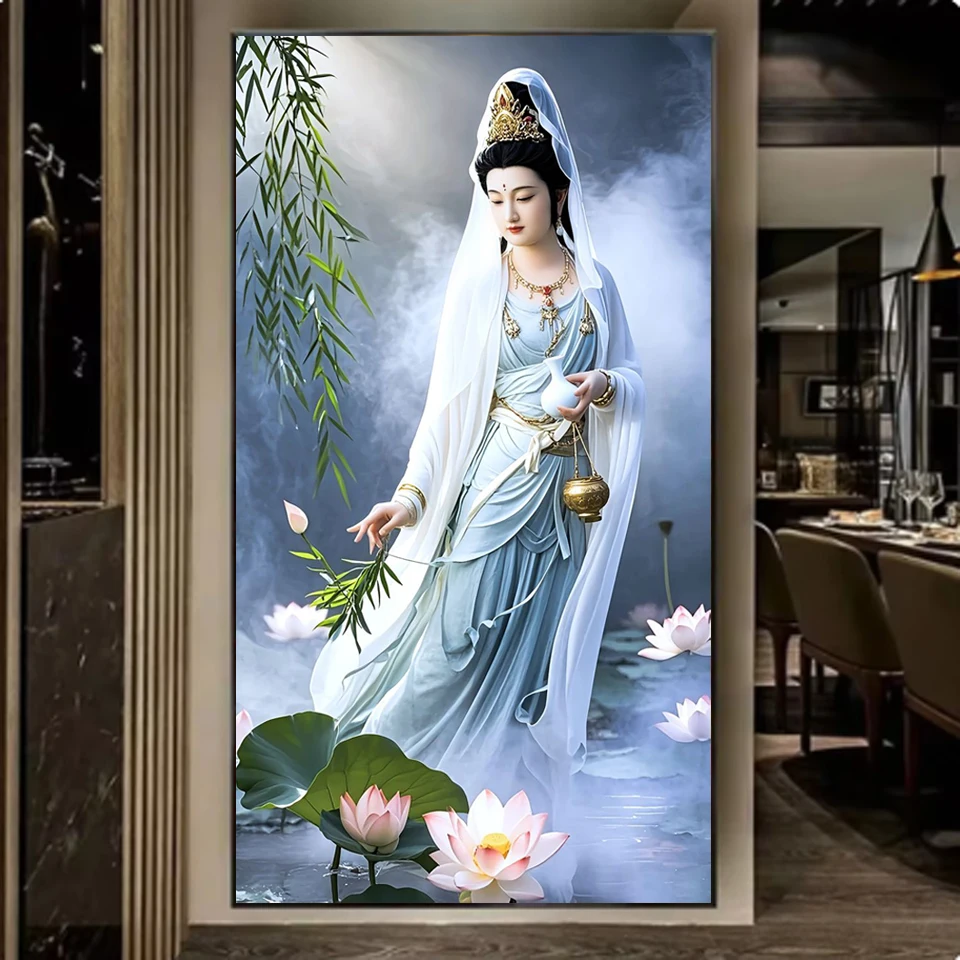 DIY 5D Diamond Painting New Arrival Buddhist Guanyin Bodhisattva Lotus Full Mosaic Diamond Embroidery Art Rhinestone Home Decor