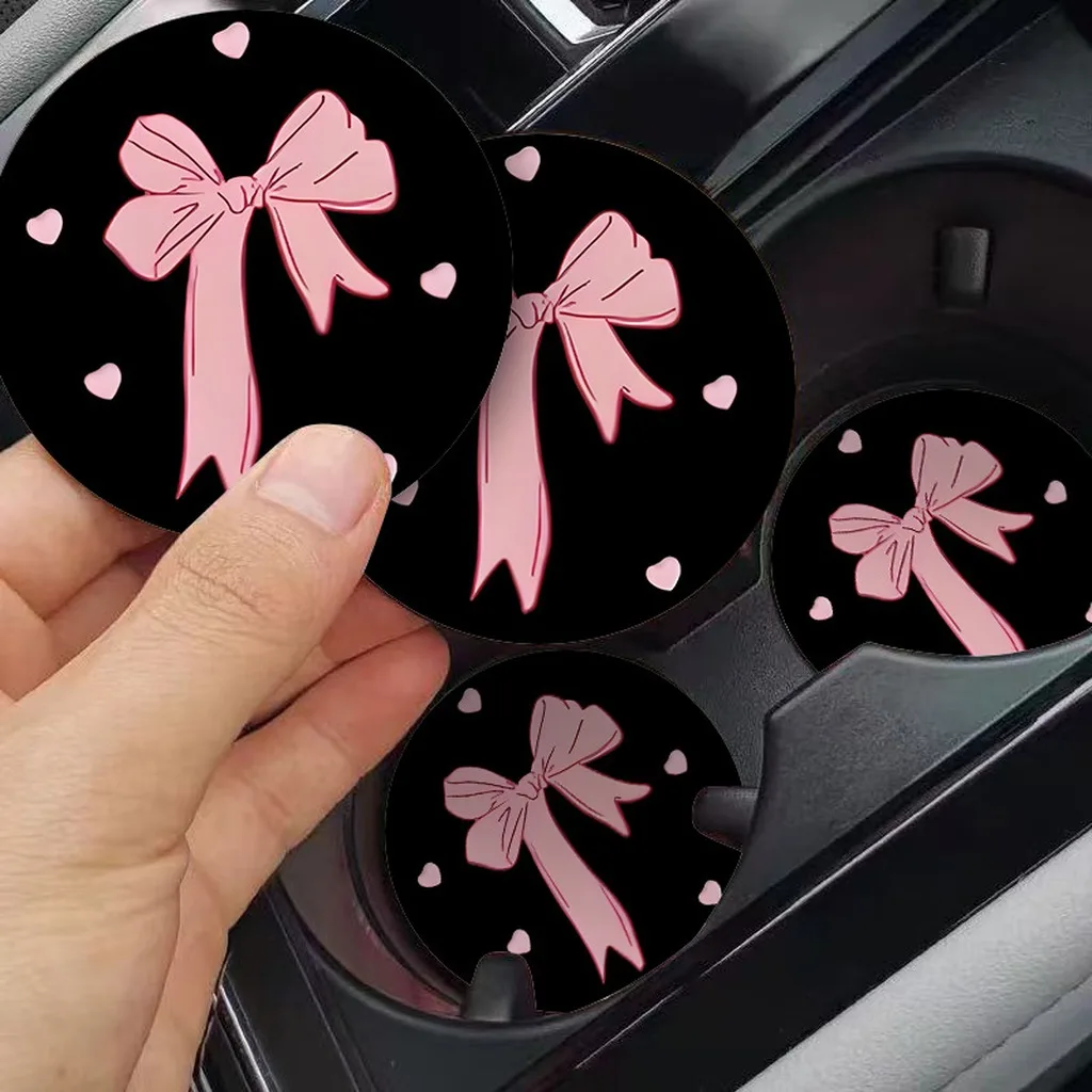 Anti-Slip Mat Thickened Round Cup Holder Mat Universal Car Coaster Washable Bowknot Car Cup Coaster For Interior Decoration Car