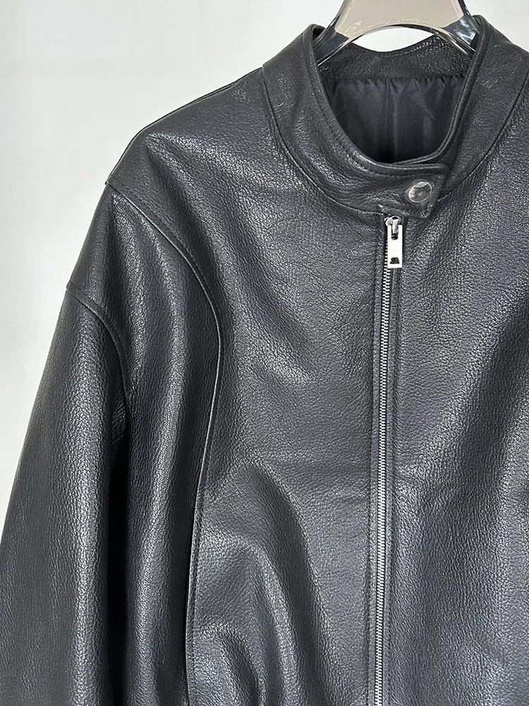 Jaqueta Feminina Casual de Couro Genuíno para Primavera, Gola Alta, Zíper, Estilo Punk, Couro de Carneiro, Ajuste Solto, Casaco Curto