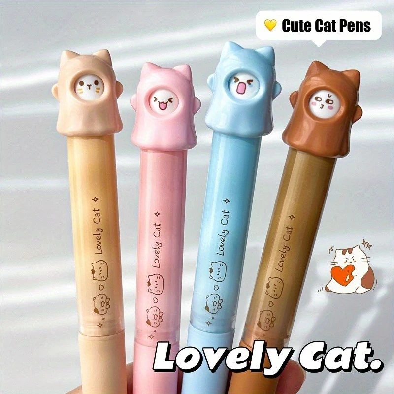 

4pcs Cute Cat Gel Pens 0.5mm Black Ink, Rotating Design Smooth Quick Dry, Student Office Journal Writing Gift Back to School